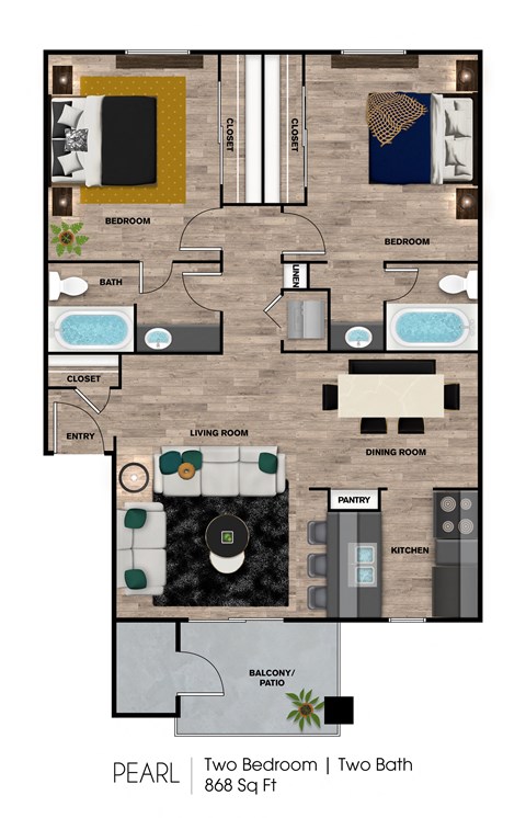 Floor plan for 2 beds, 2 baths, 868 sqft